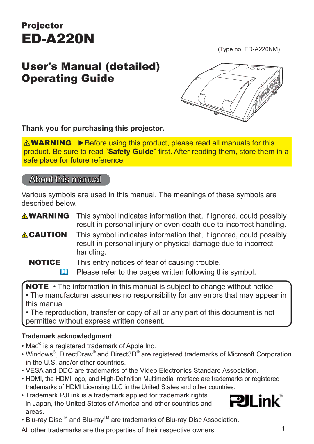 Hitachi ED-A220N user manual About this manual, Thank you for purchasing this projector, Trademark acknowledgment 