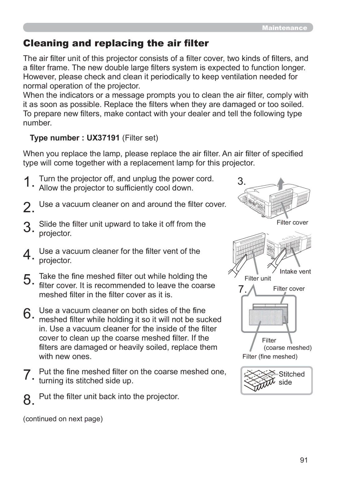 Hitachi ED-A220N user manual Cleaning and replacing the air ﬁlter, Type number UX37191 Filter set 