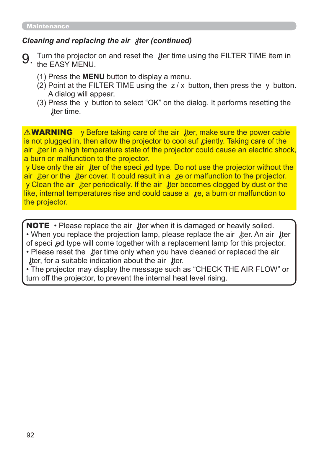 Hitachi ED-A220N user manual Cleaning and replacing the air lter 