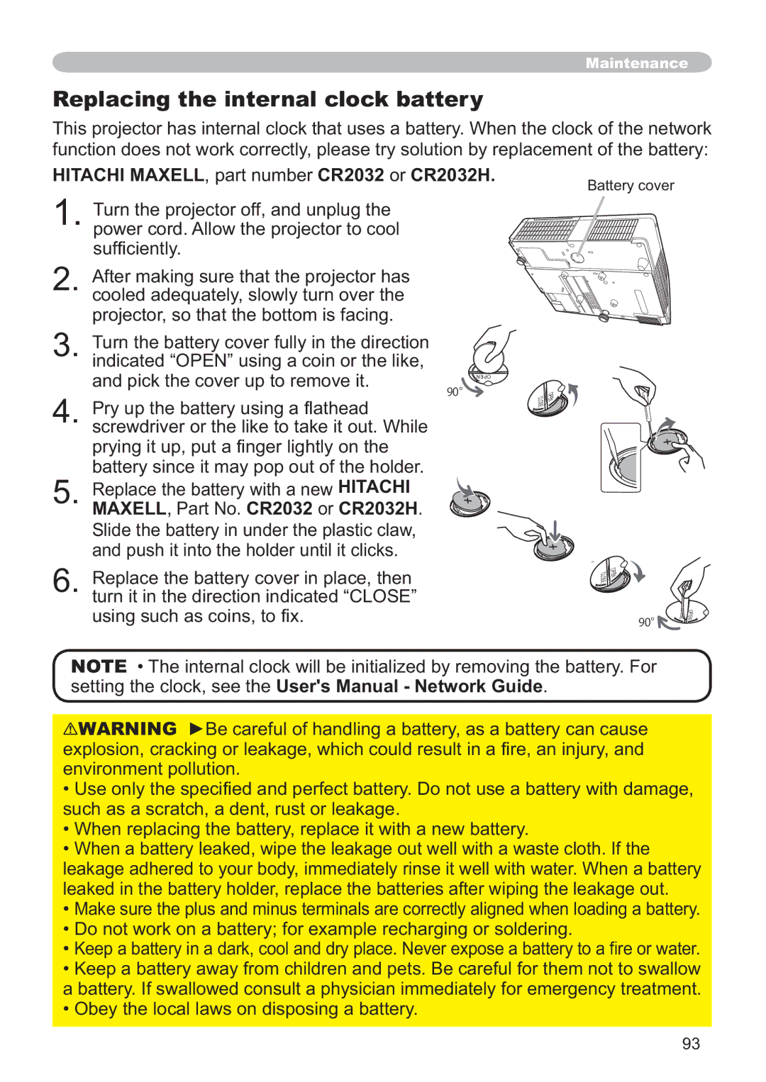 Hitachi ED-A220N user manual Replacing the internal clock battery, Hitachi MAXELL, part number CR2032 or CR2032H 