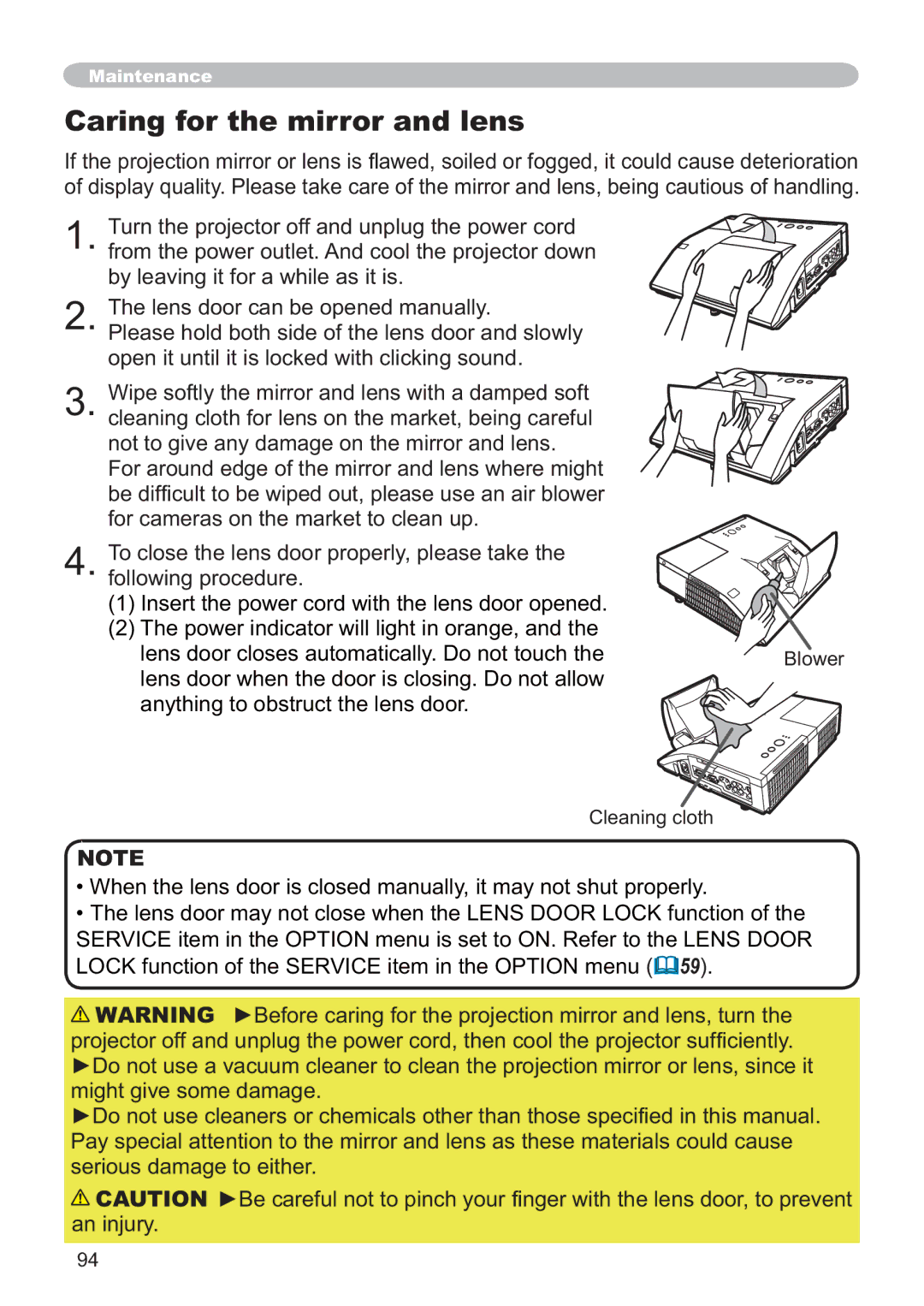 Hitachi ED-A220N user manual Caring for the mirror and lens 