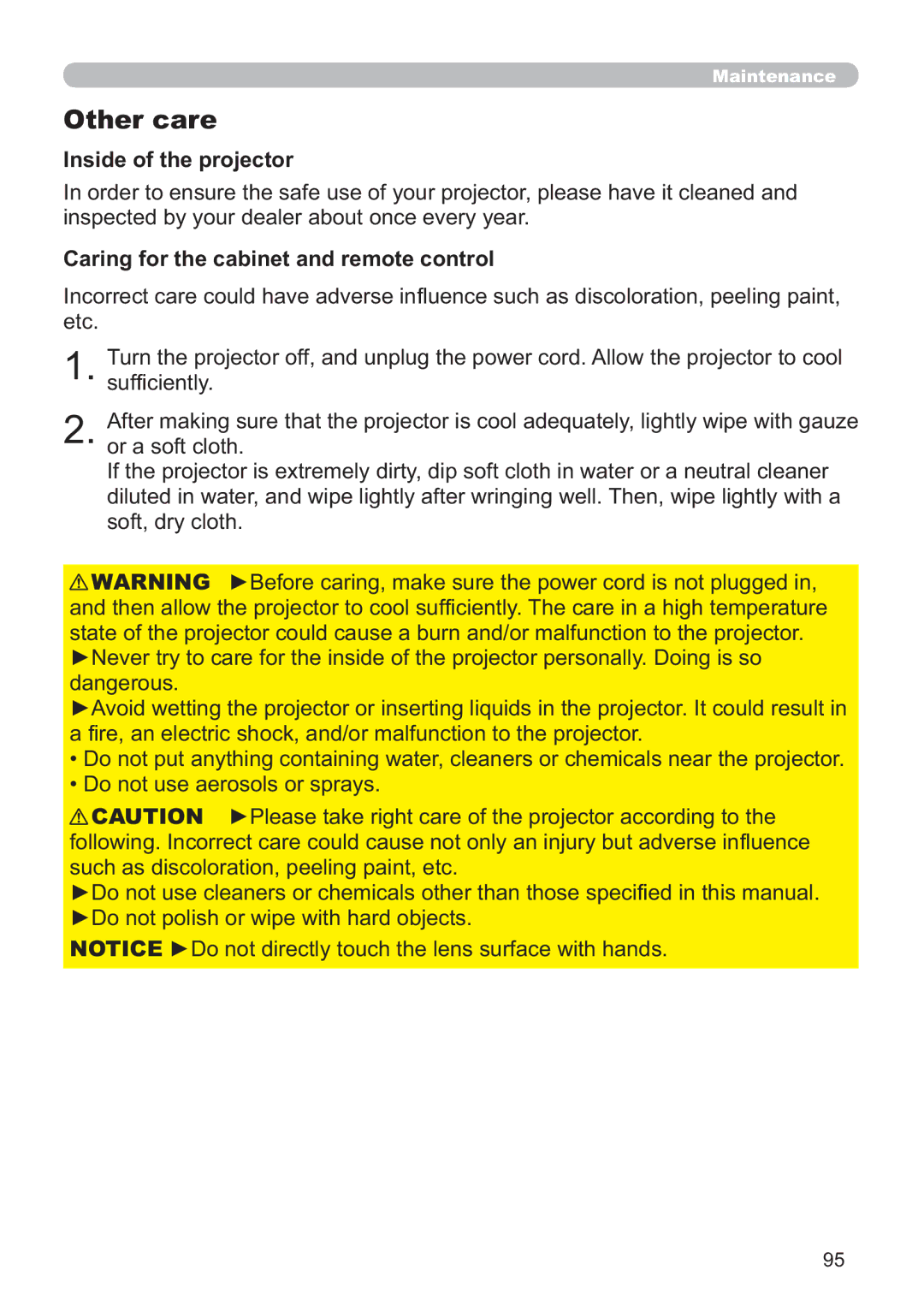 Hitachi ED-A220N user manual Other care, Inside of the projector, Caring for the cabinet and remote control 