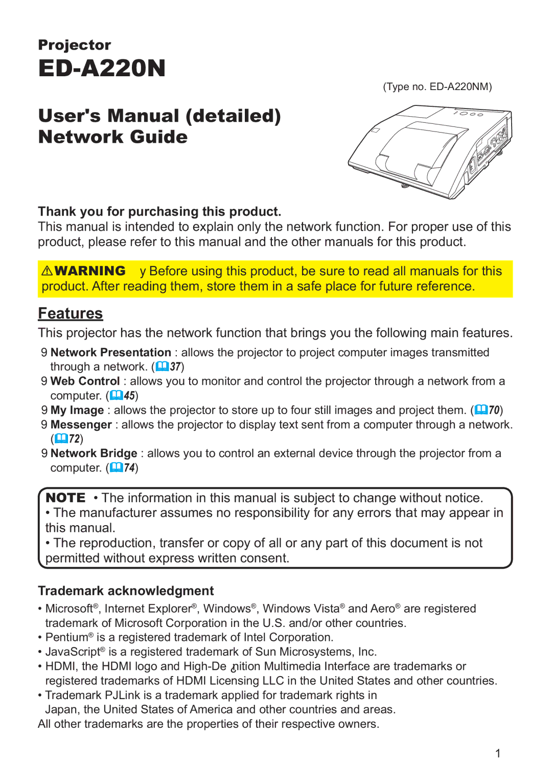 Hitachi ED-A220N user manual Thank you for purchasing this product, Trademark acknowledgment 