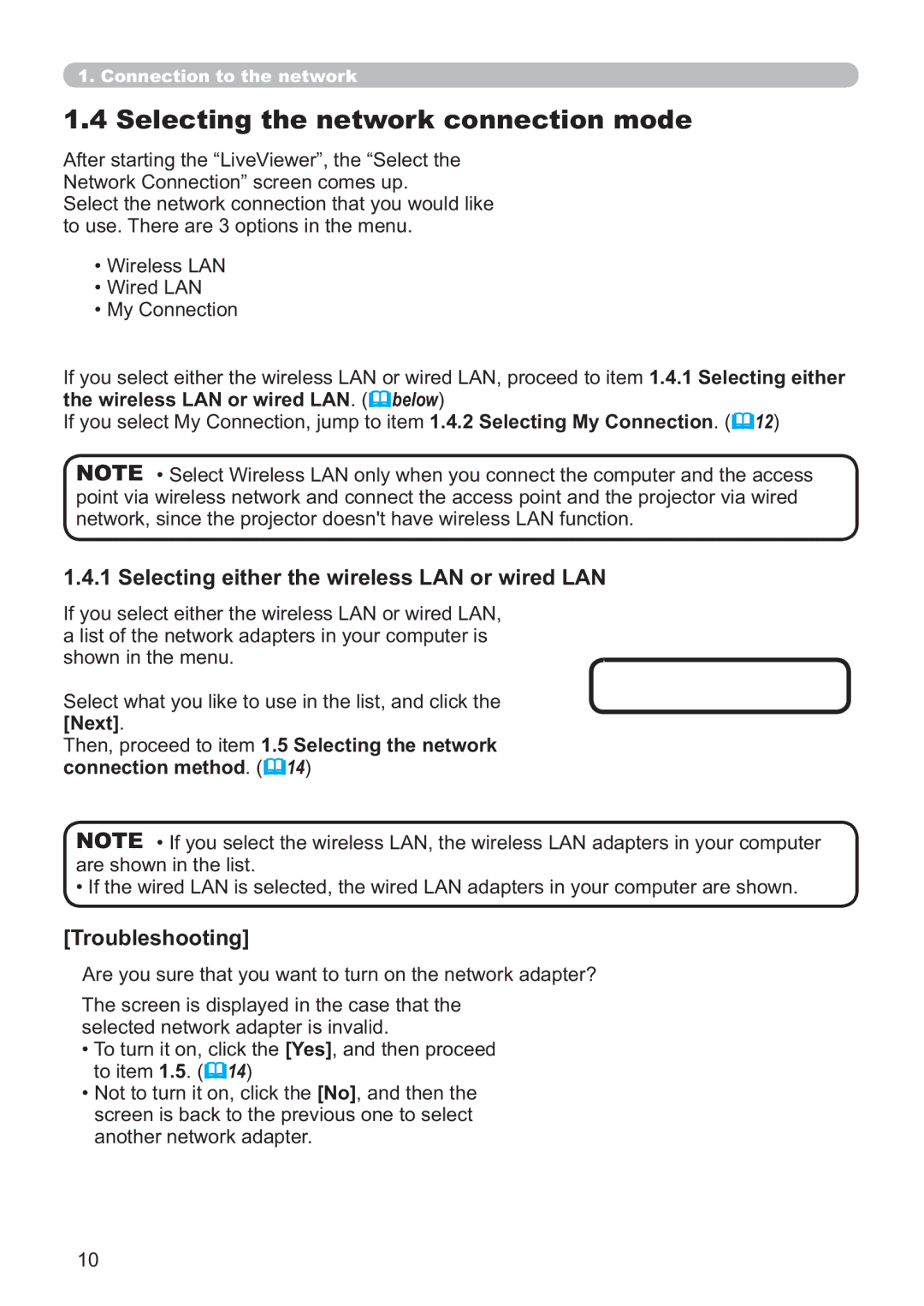 Hitachi ED-A220N user manual Selecting the network connection mode, Selecting either the wireless LAN or wired LAN 