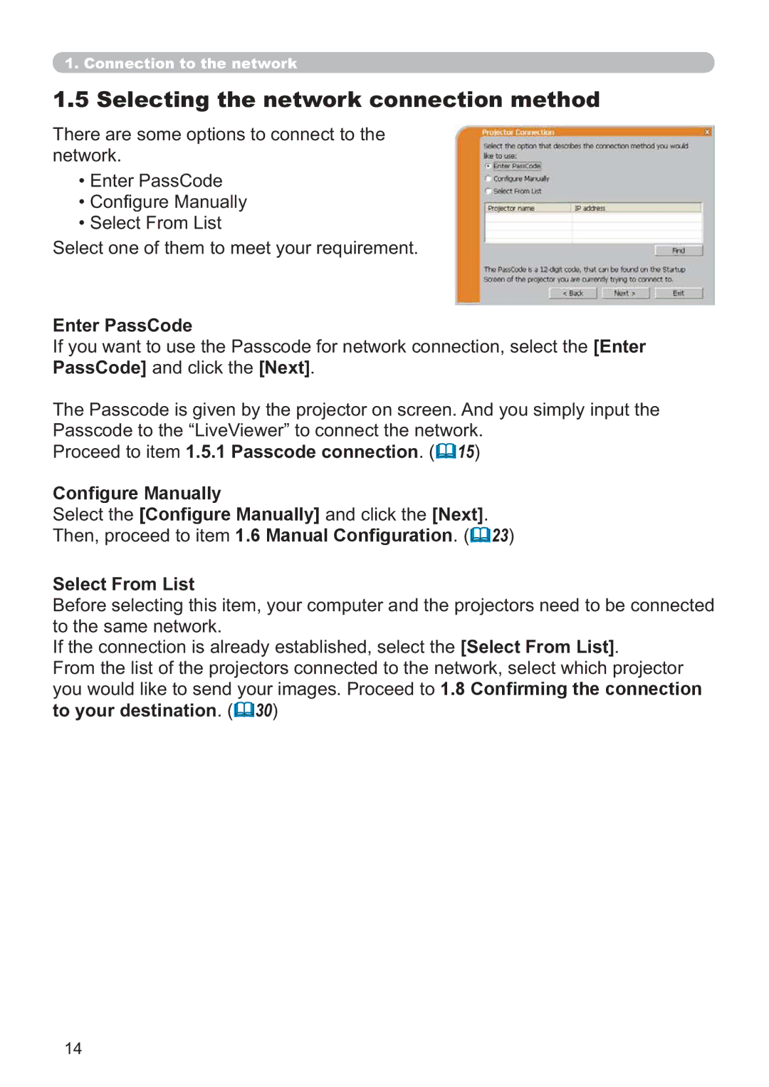 Hitachi ED-A220N user manual Selecting the network connection method, Enter PassCode, Select From List, To your destination 