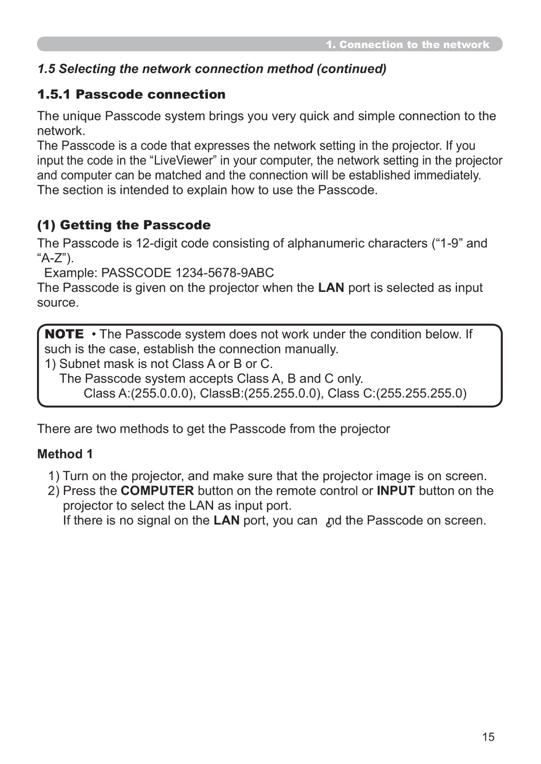 Hitachi ED-A220N user manual Selecting the network connection method, Passcode connection, Getting the Passcode, Method 