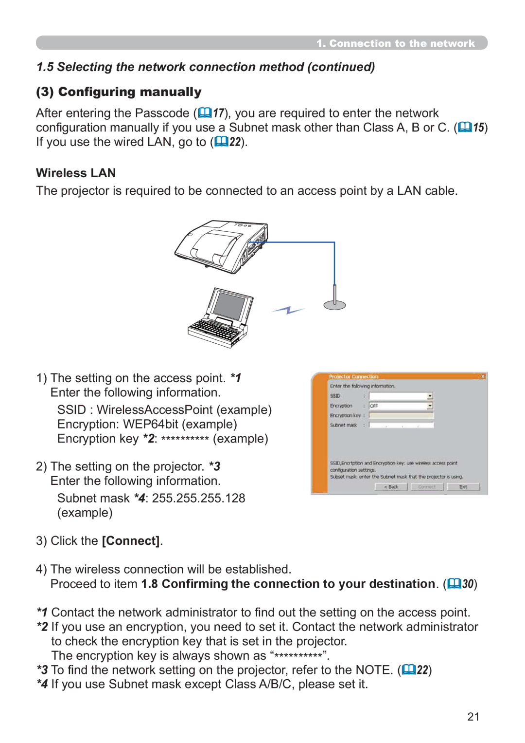 Hitachi ED-A220N user manual Conﬁguring manually, Wireless LAN 