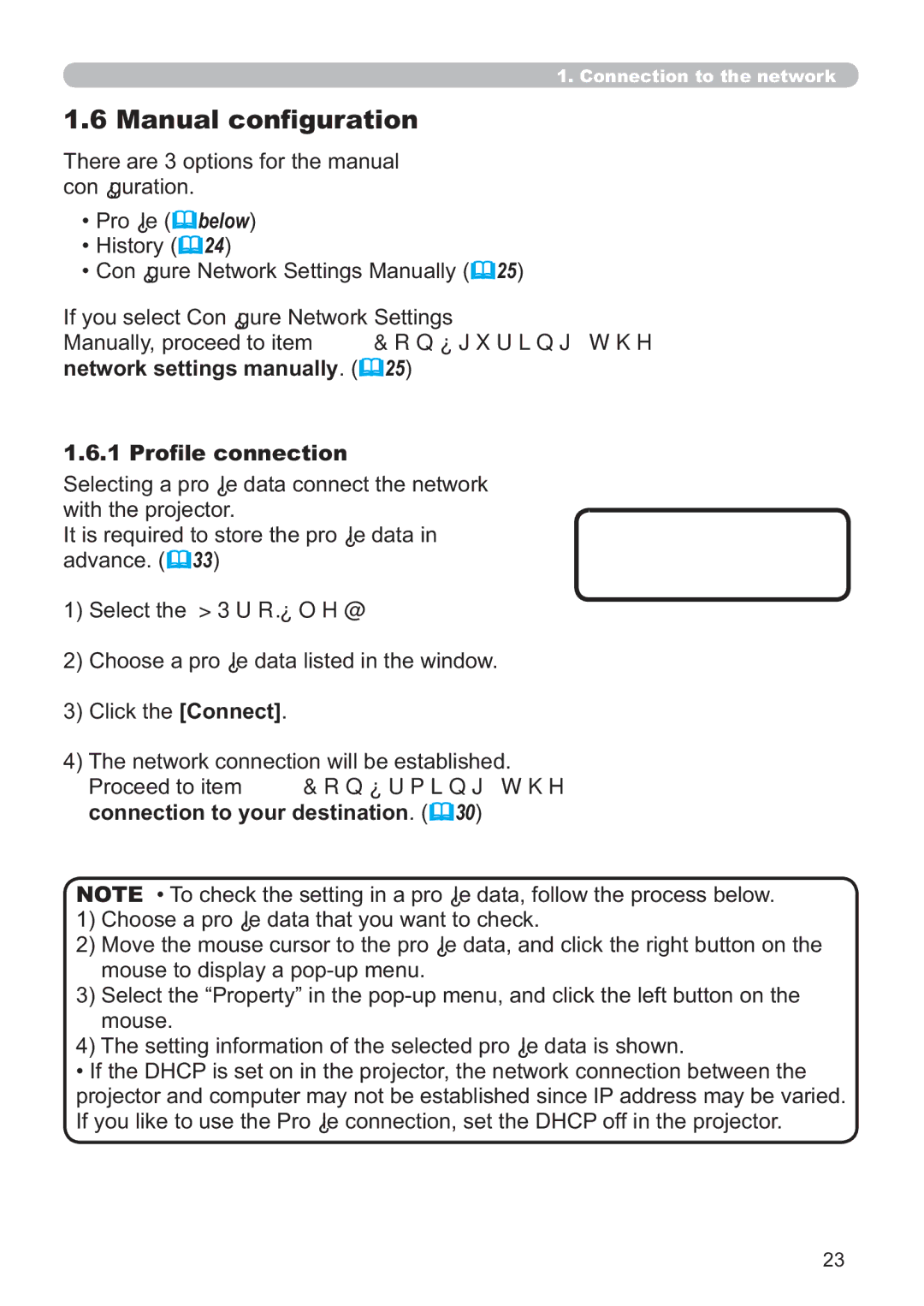 Hitachi ED-A220N user manual Manual conﬁguration, Network settings manually 1 Proﬁle connection 