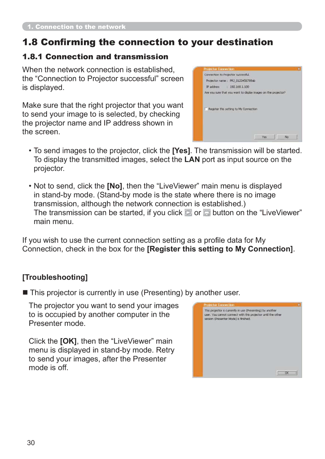 Hitachi ED-A220N user manual Conﬁrming the connection to your destination, Connection and transmission 