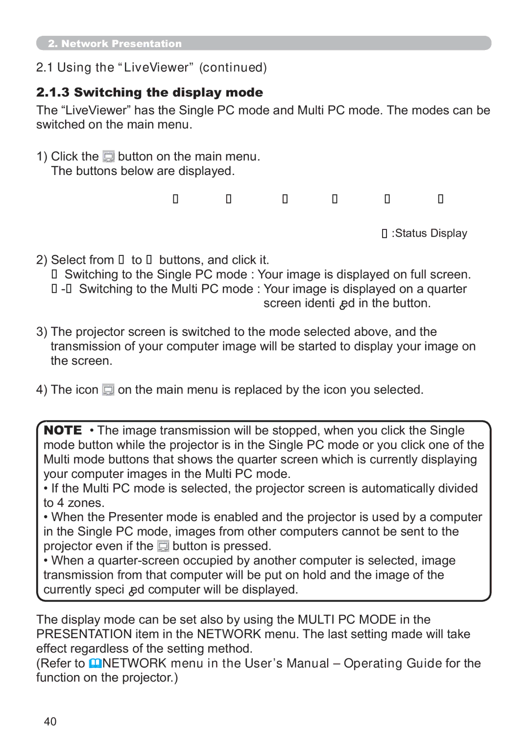 Hitachi ED-A220N user manual Switching the display mode 