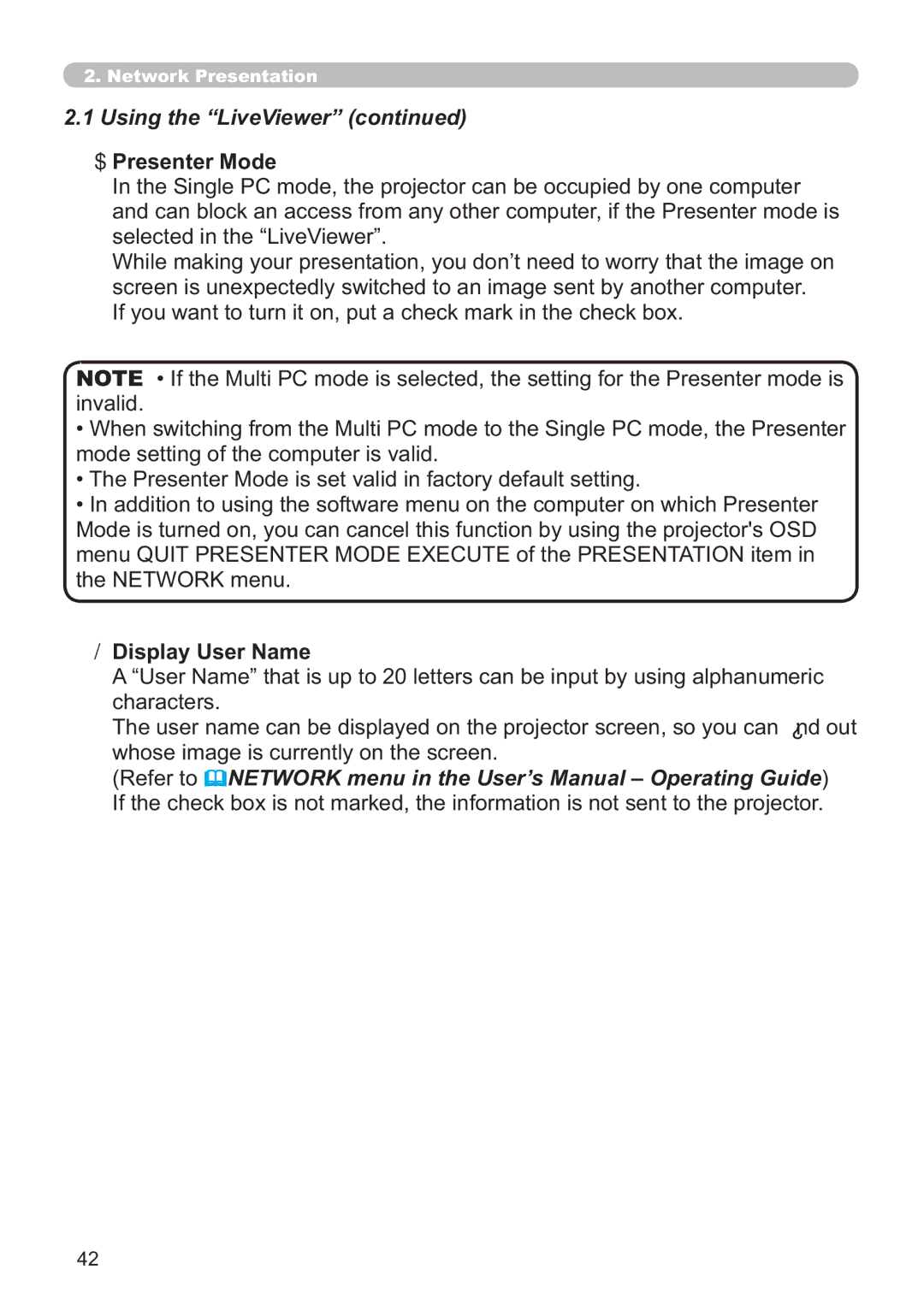 Hitachi ED-A220N user manual $ Presenter Mode, Display User Name 