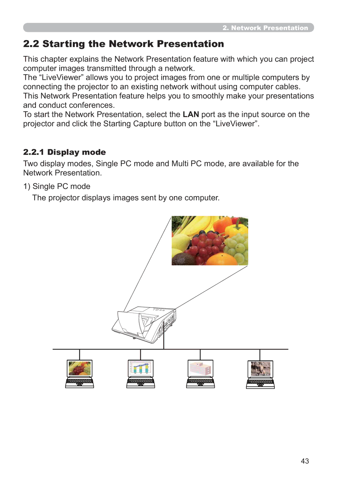 Hitachi ED-A220N user manual Starting the Network Presentation, Display mode 