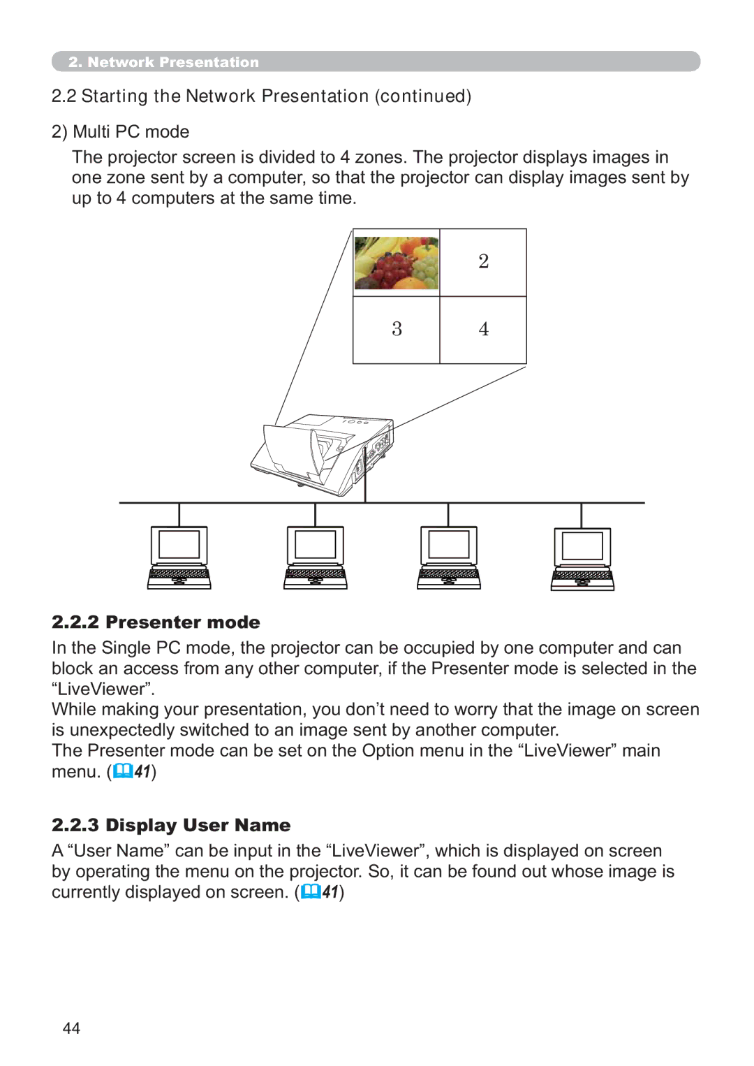 Hitachi ED-A220N user manual Starting the Network Presentation, Presenter mode 