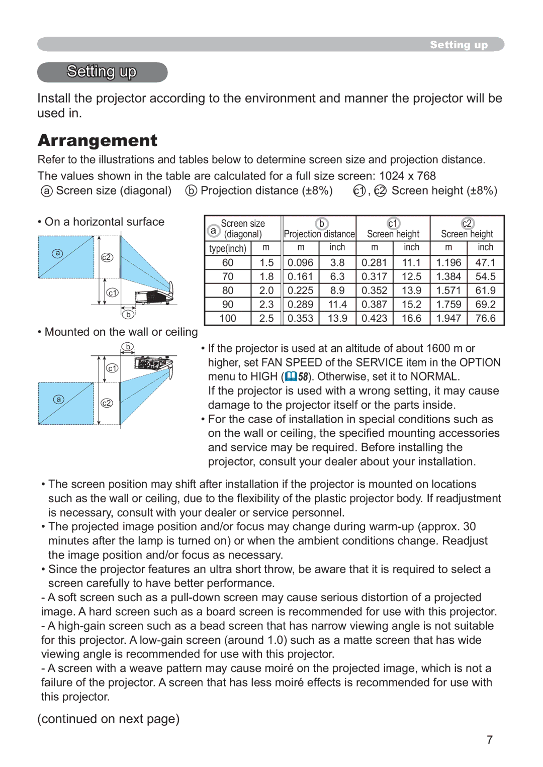 Hitachi ED-A220N user manual Arrangement, Setting up, On next 