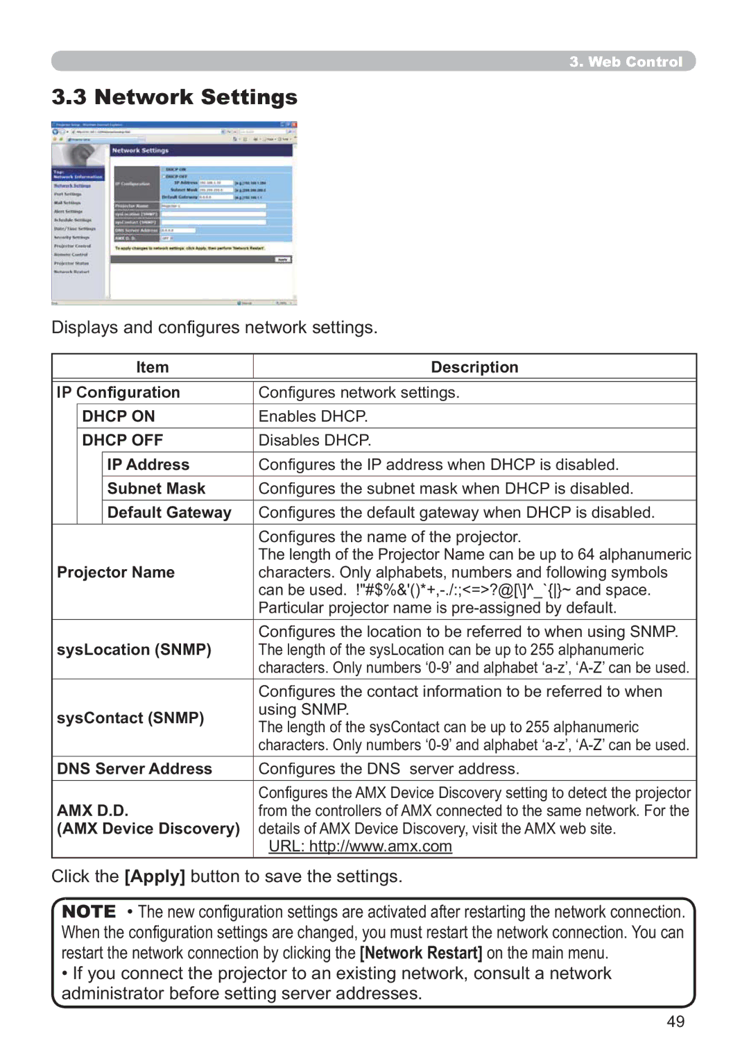 Hitachi ED-A220N user manual Network Settings, Displays and congures network settings, Dhcp on, Dhcp OFF 