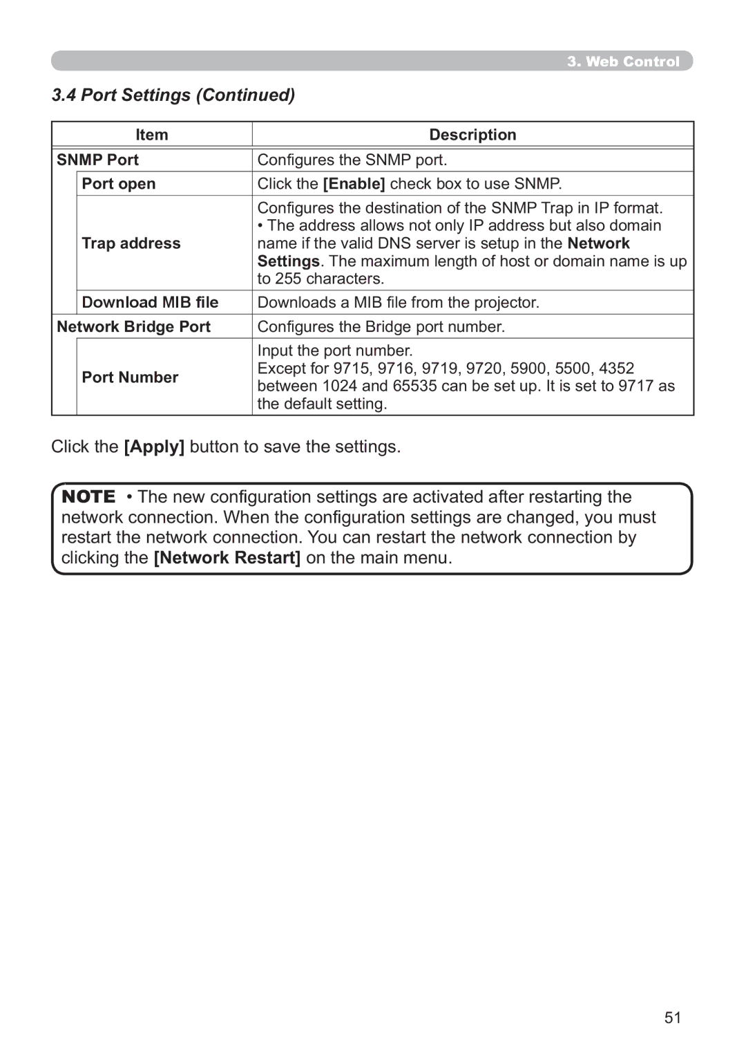 Hitachi ED-A220N user manual Port Settings, Click the Apply button to save the settings 