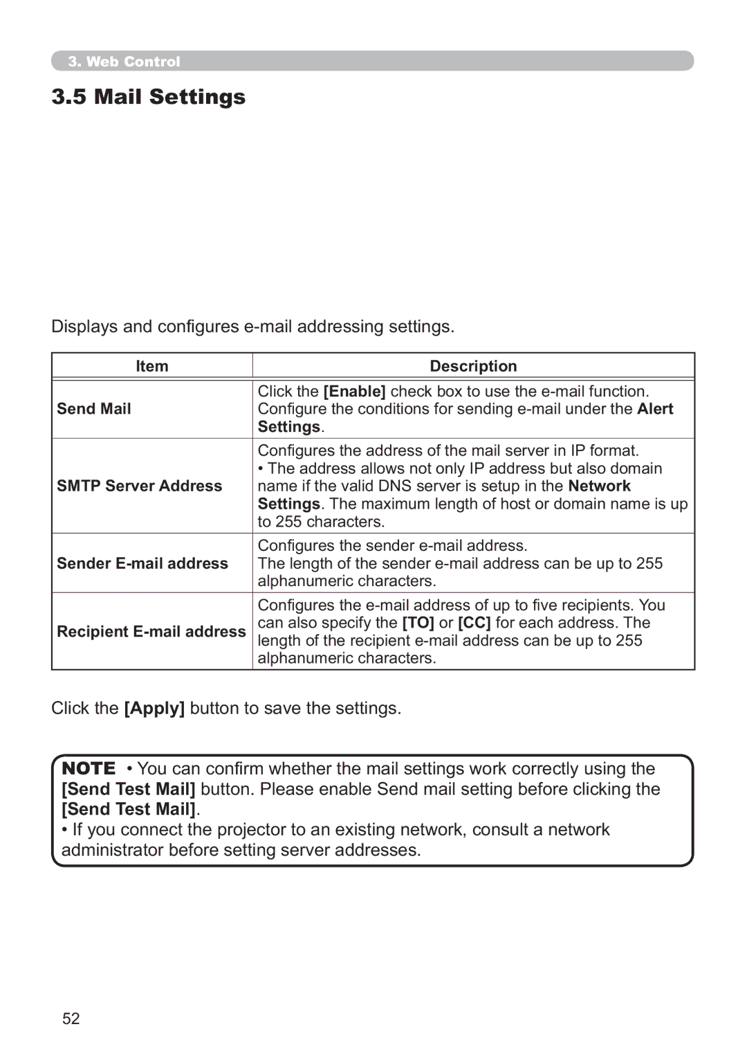 Hitachi ED-A220N user manual Mail Settings, Displays and congures e-mail addressing settings, Send Test Mail 