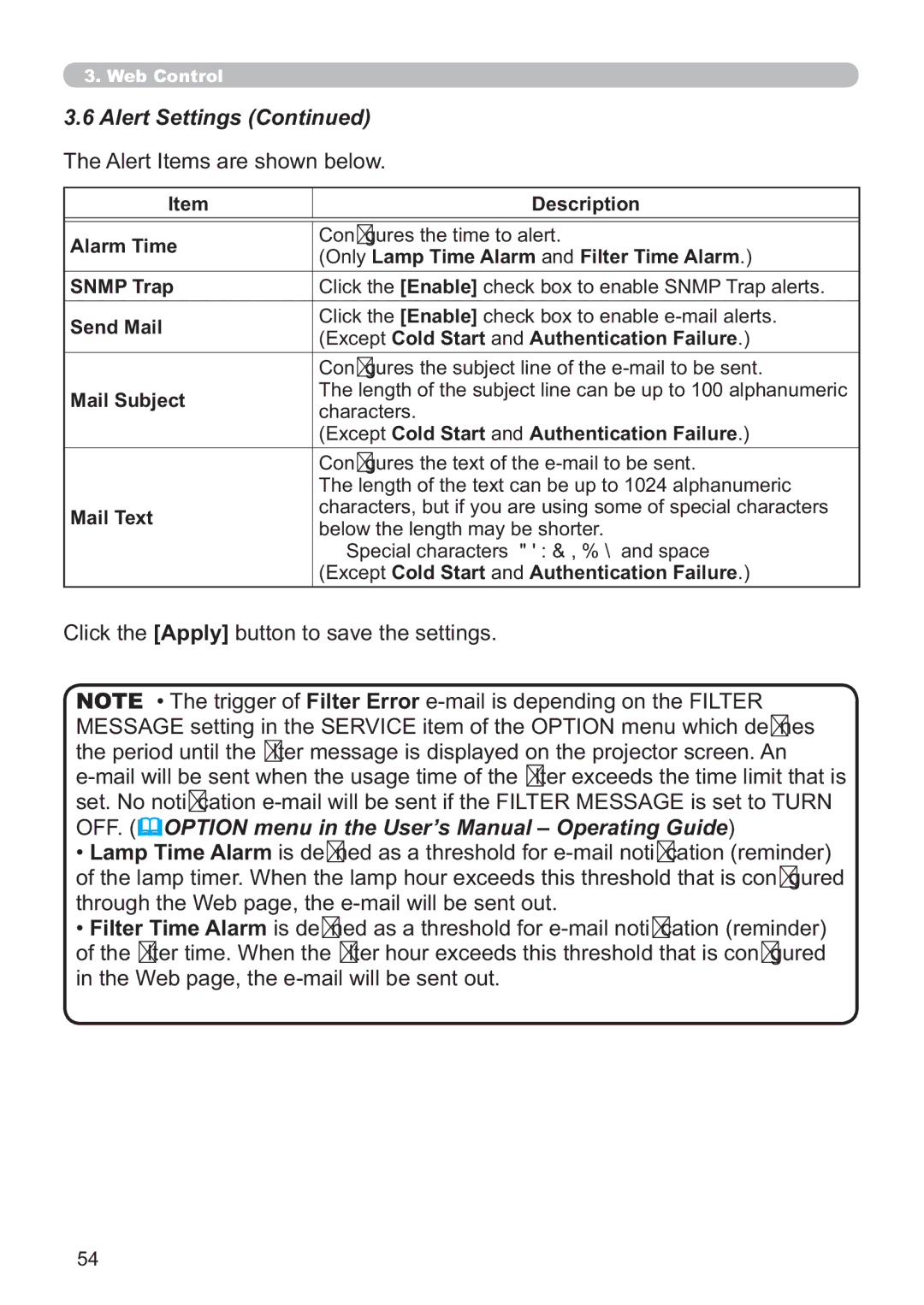 Hitachi ED-A220N user manual Alert Settings, Alert Items are shown below 