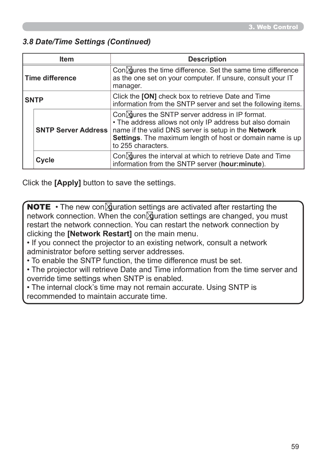 Hitachi ED-A220N user manual Date/Time Settings, Time difference, Sntp Server Address, Cycle 