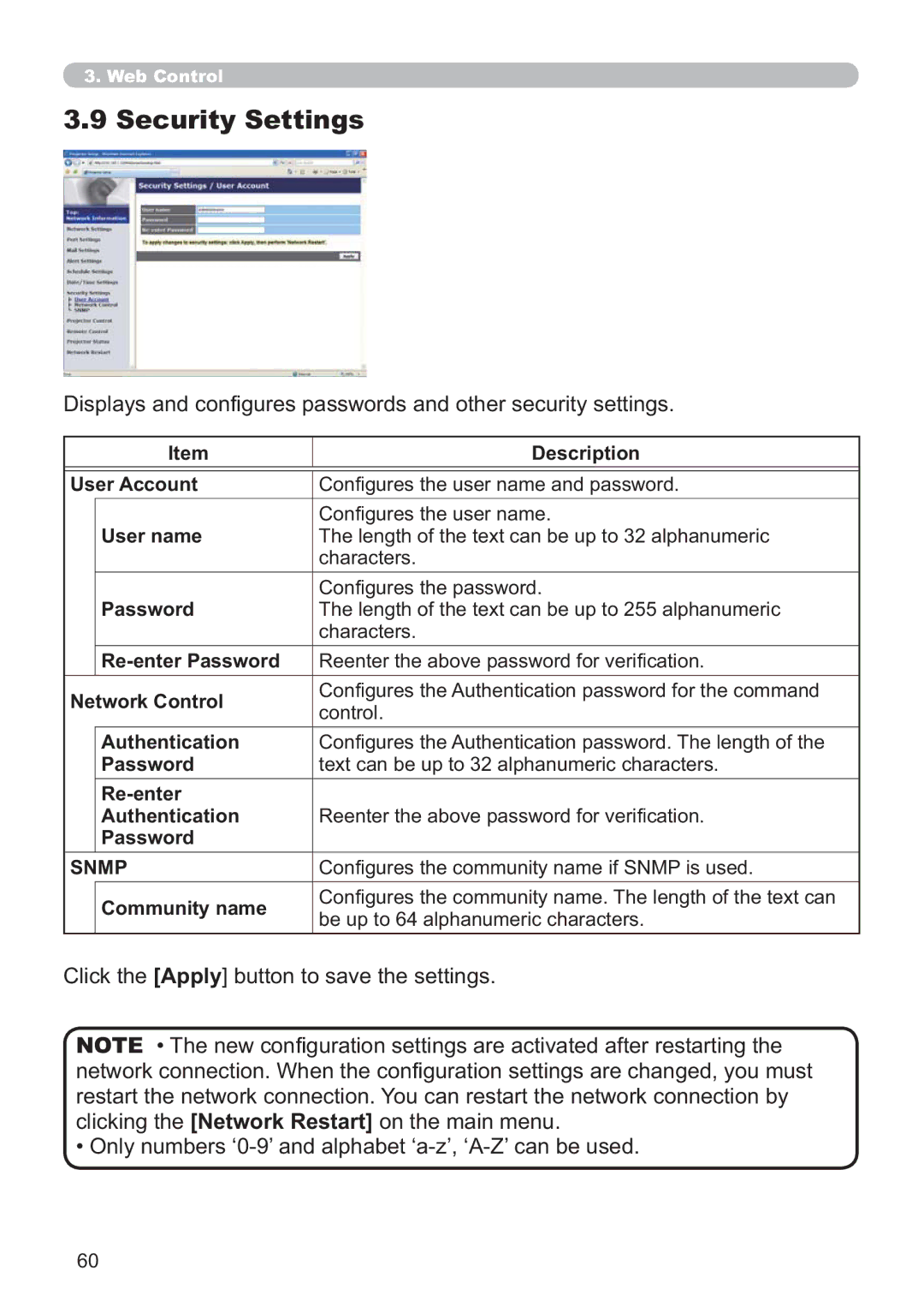 Hitachi ED-A220N user manual Security Settings, Snmp 