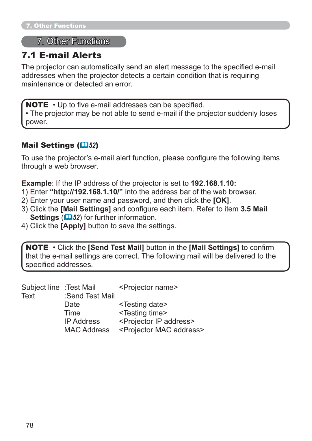 Hitachi ED-A220N user manual Other Functions, Mail Alerts, Mail Settings 