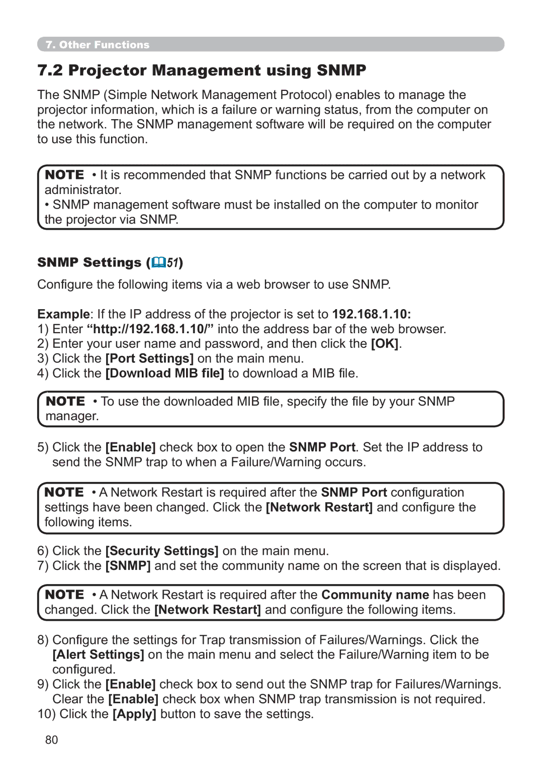 Hitachi ED-A220N user manual Projector Management using Snmp, Snmp Settings 