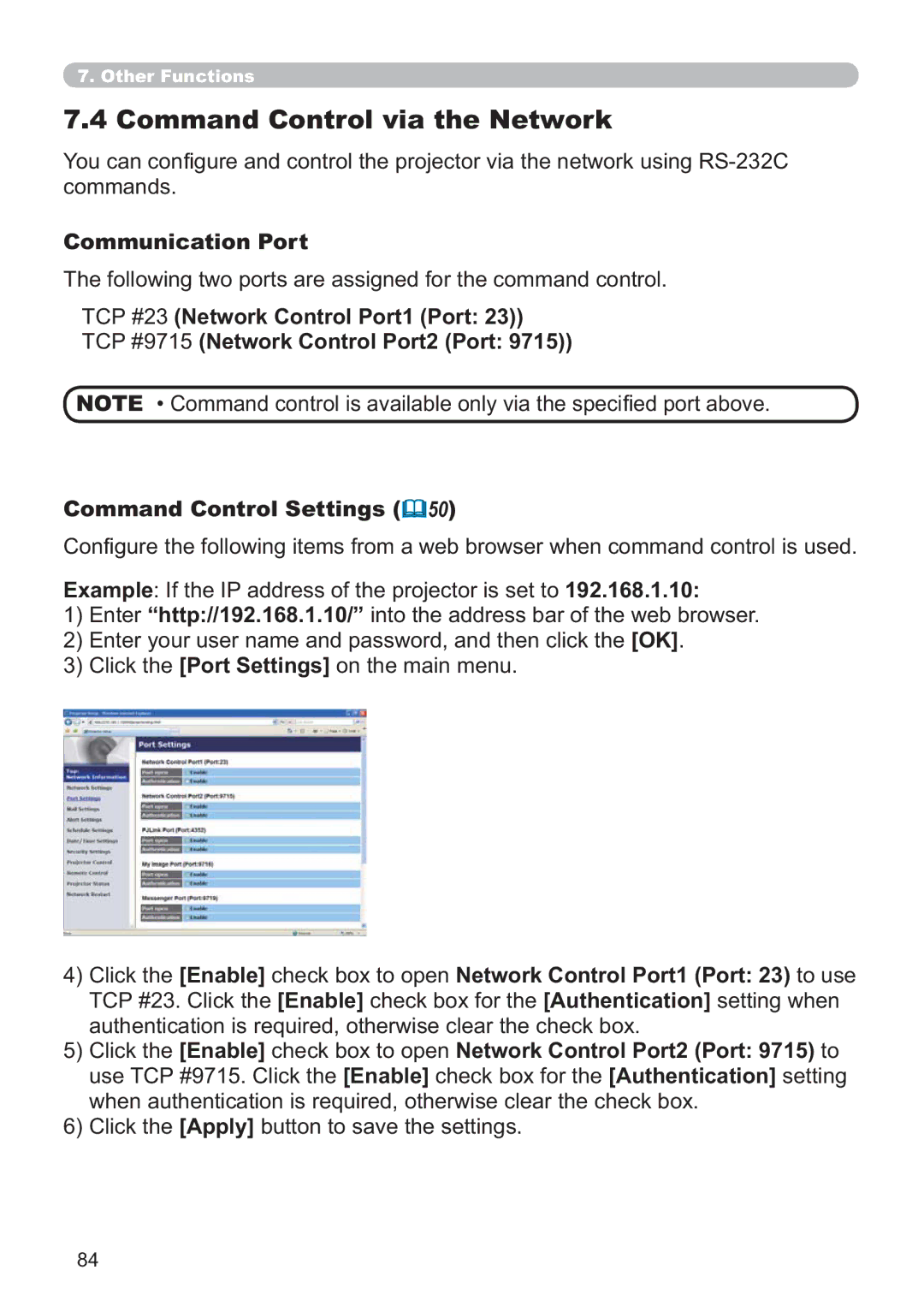 Hitachi ED-A220N user manual Command Control via the Network, Communication Port 