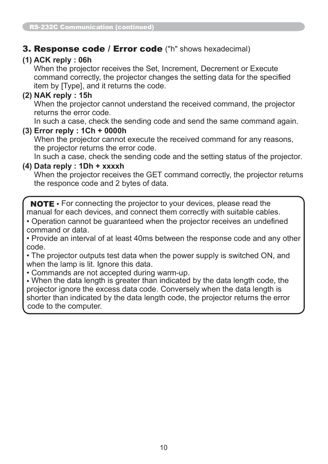 Hitachi ED-A220N user manual ACK reply 06h, NAK reply 15h, Error reply 1Ch + 0000h, Data reply 1Dh + xxxxh 