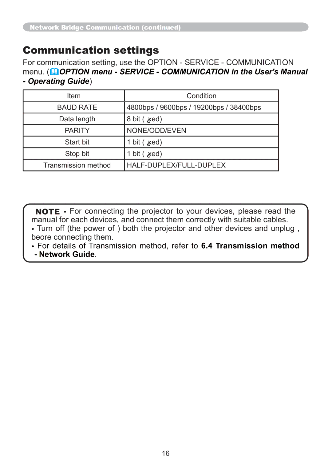 Hitachi ED-A220N user manual Communication settings, Half-Duplex/Full-Duplex 