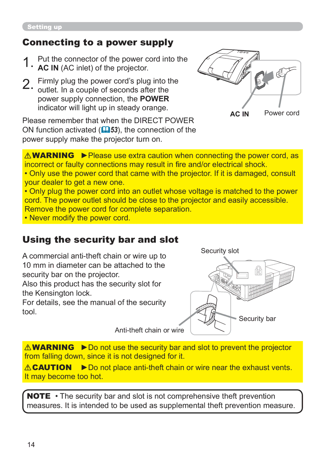 Hitachi ED-A220N user manual Connecting to a power supply, Using the security bar and slot 