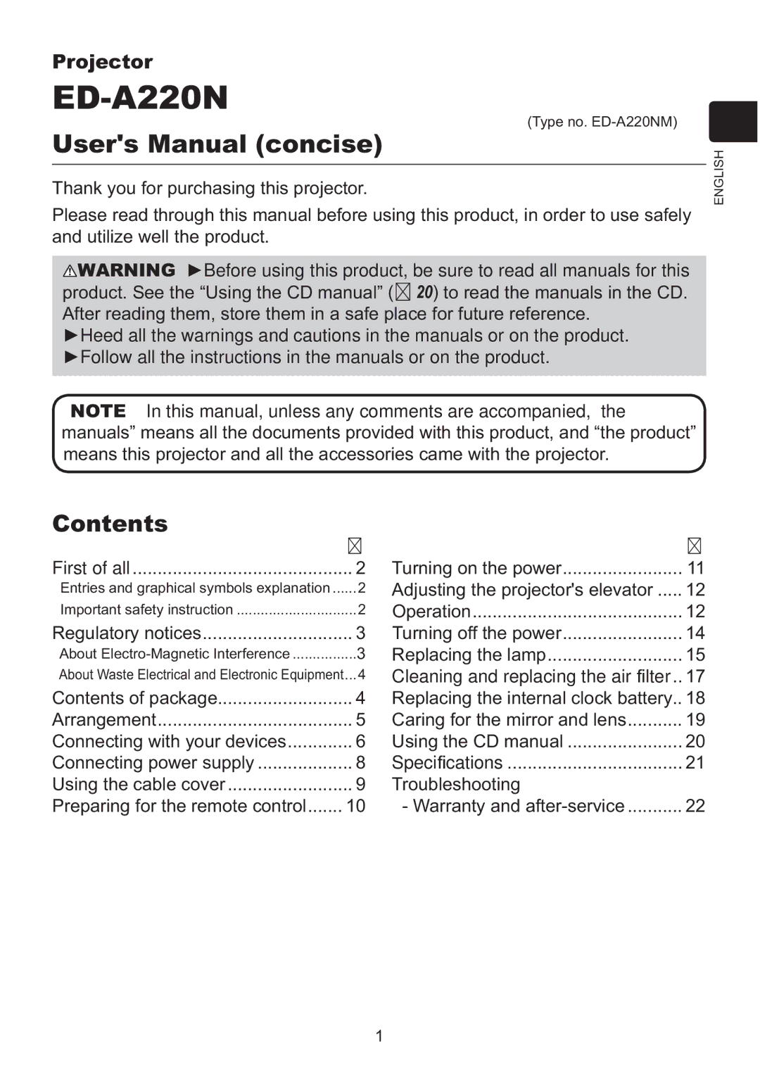 Hitachi ED-A220N user manual Contents 