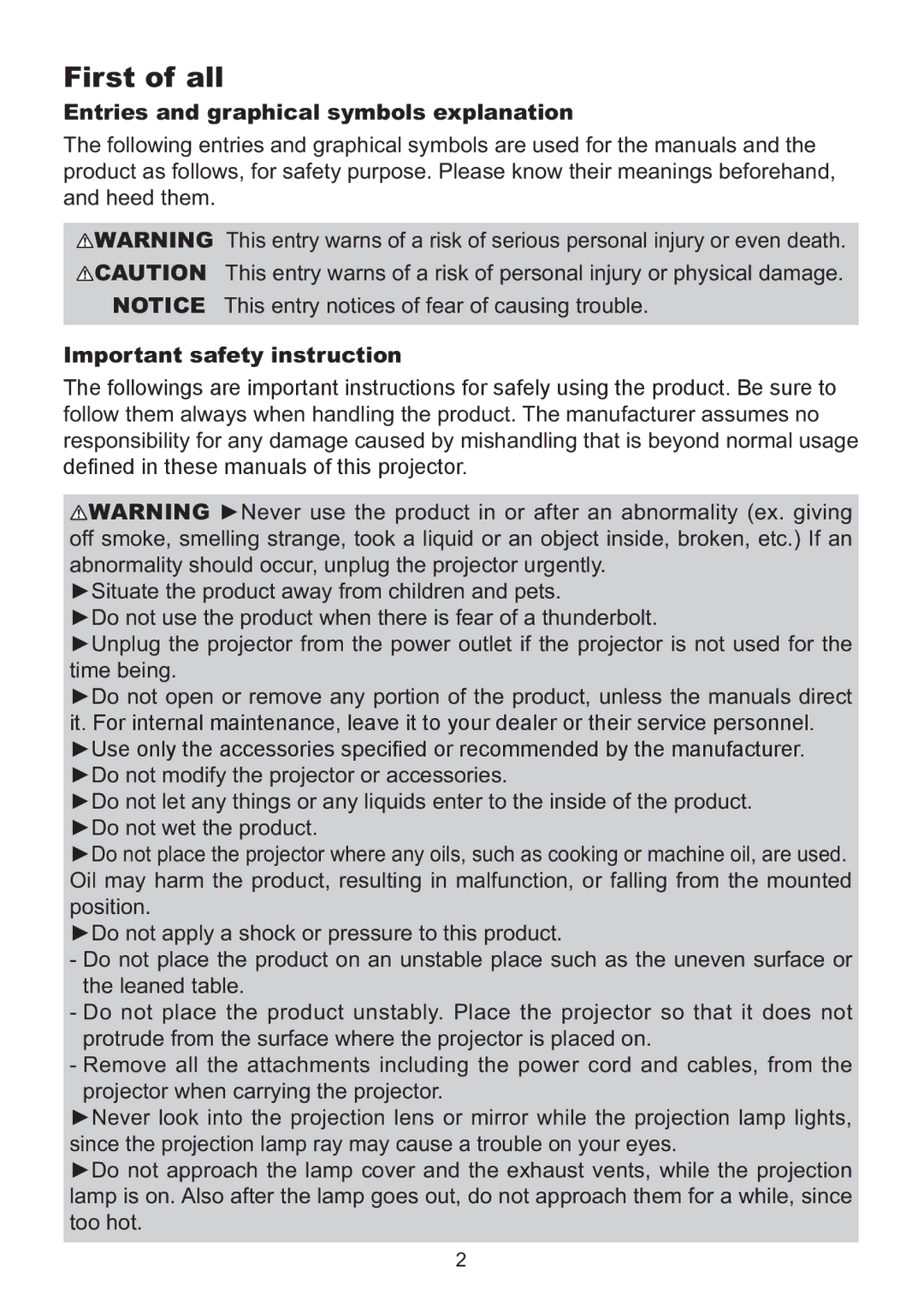 Hitachi ED-A220N user manual First of all, Entries and graphical symbols explanation, Important safety instruction 