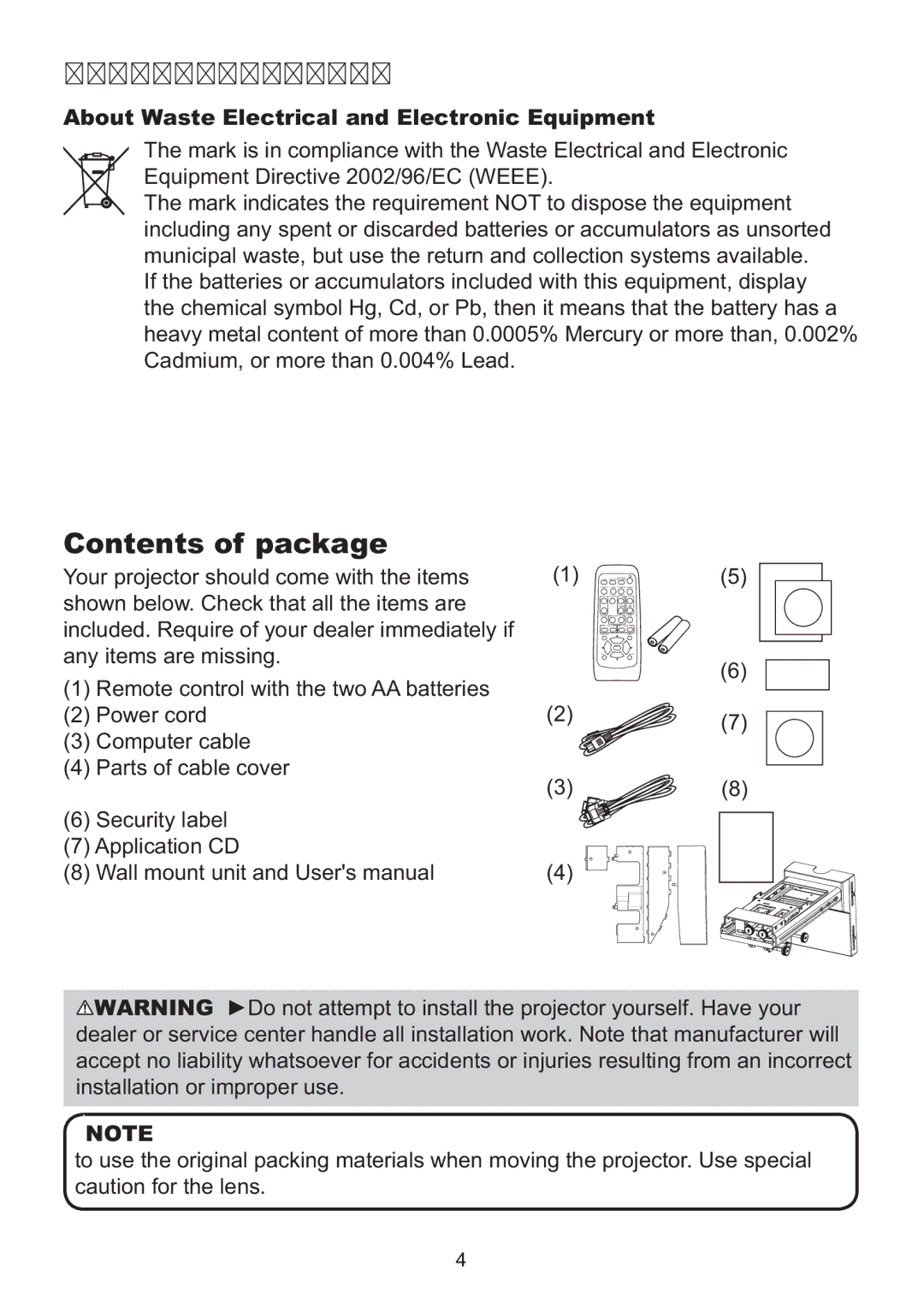 Hitachi ED-A220N user manual Contents of package 