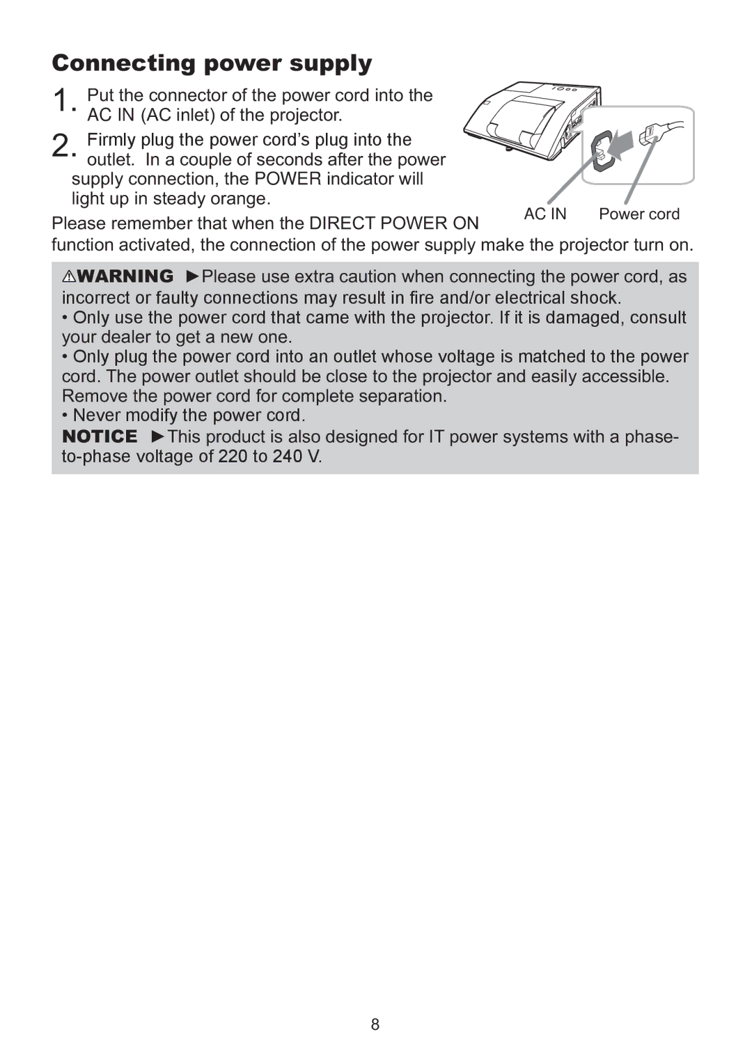 Hitachi ED-A220N user manual Connecting power supply 