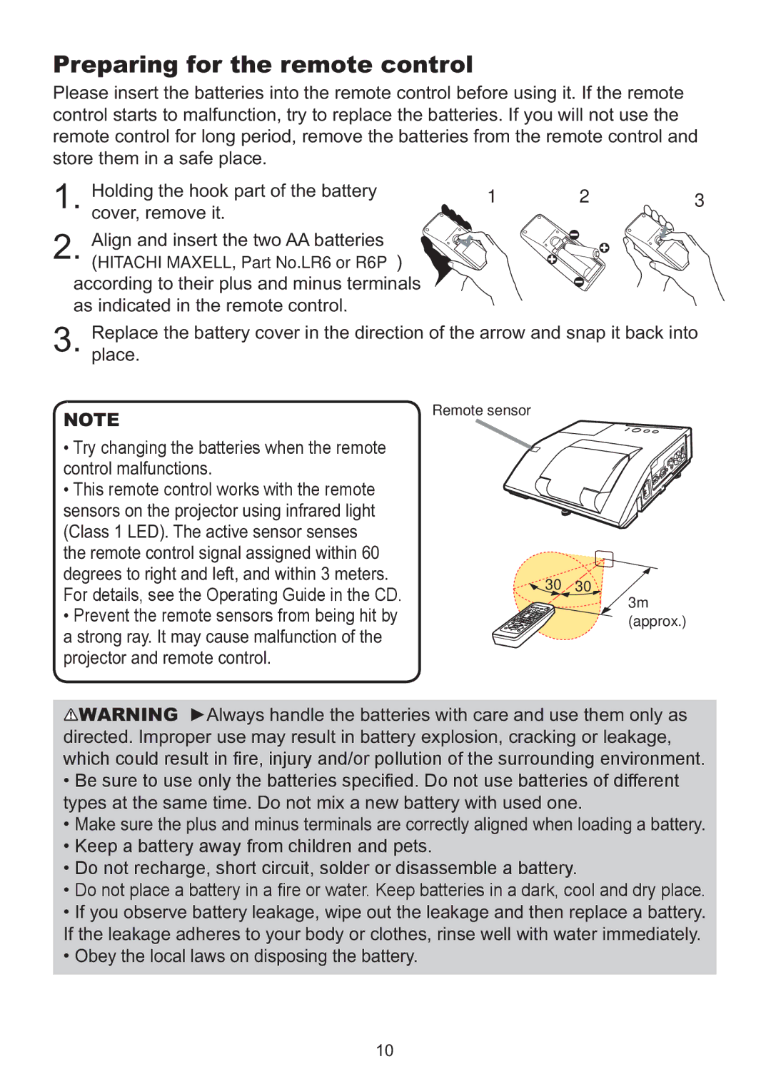 Hitachi ED-A220N user manual Preparing for the remote control, Holding the hook part of the battery Cover, remove it 