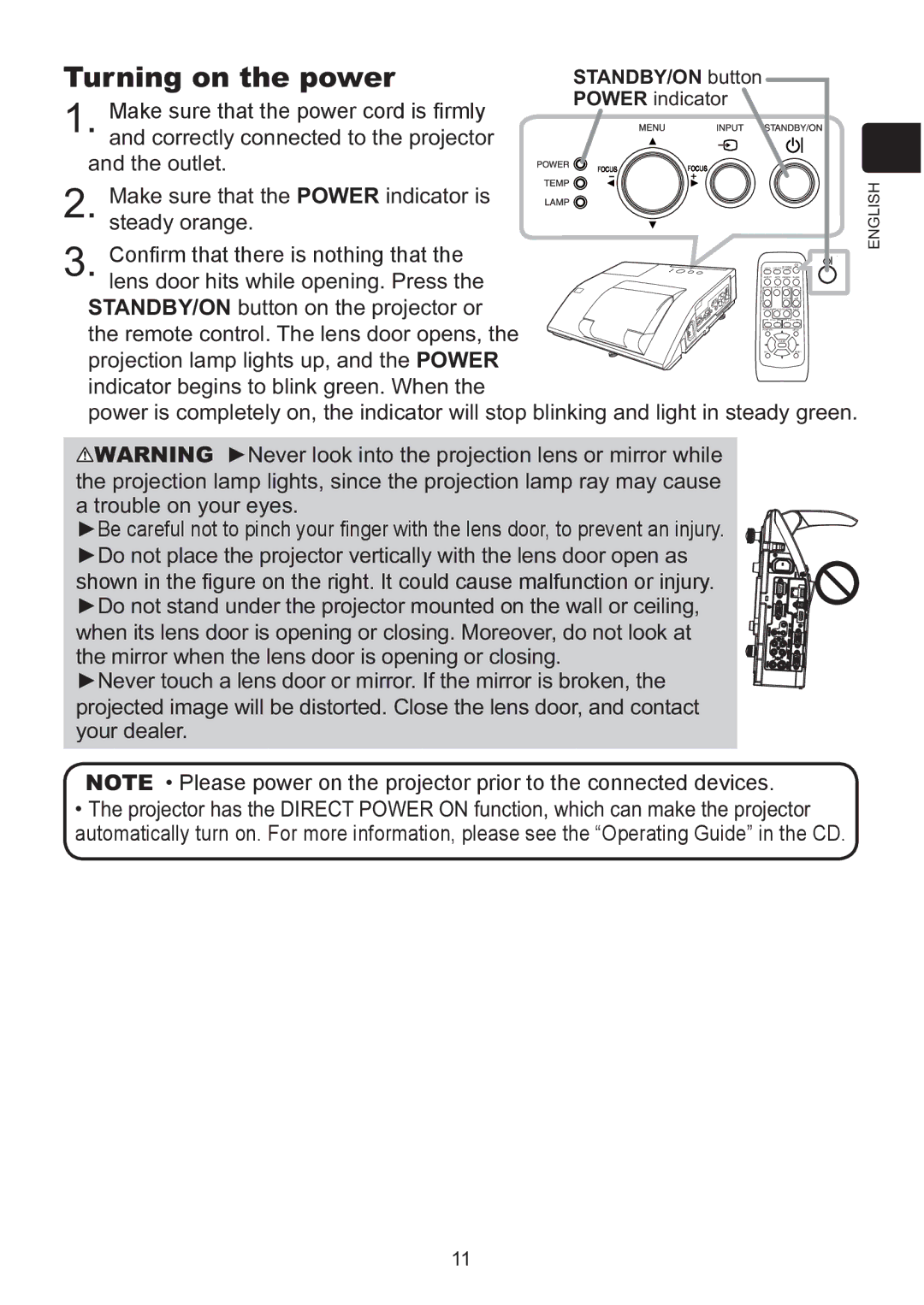 Hitachi ED-A220N user manual Turning on the power, Make sure that the power cord is rmly, STANDBY/ON button 