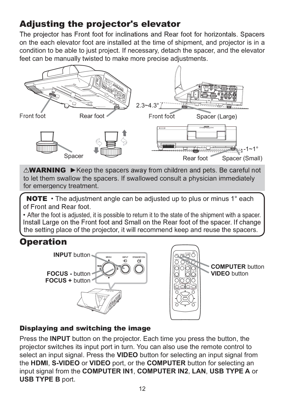 Hitachi ED-A220N user manual Adjusting the projectors elevator, Operation, Displaying and switching the image 