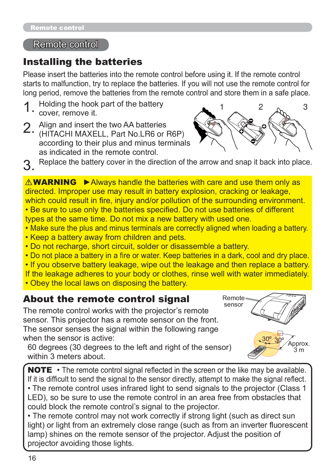 Hitachi ED-A220N user manual Remote control, Installing the batteries, About the remote control signal 