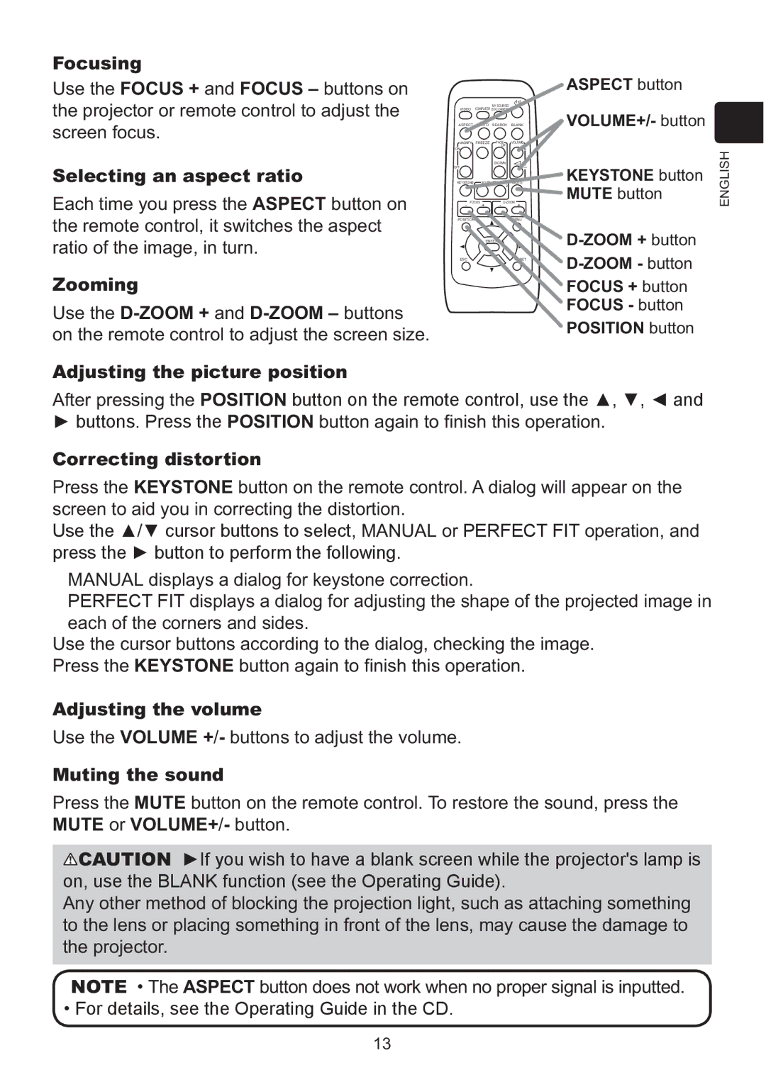 Hitachi ED-A220N Focusing, Selecting an aspect ratio, Zooming, Adjusting the picture position, Correcting distortion 