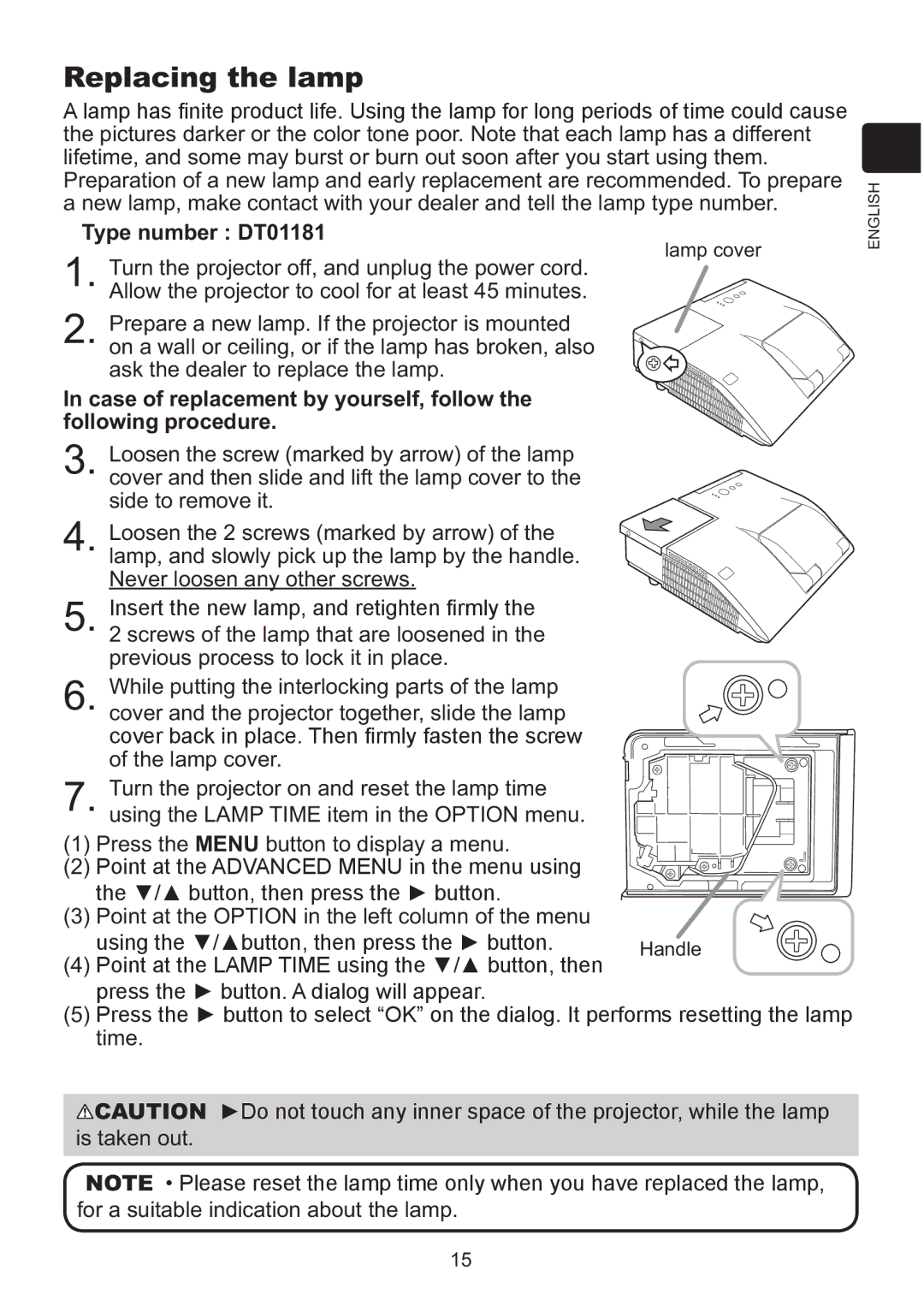 Hitachi ED-A220N user manual Replacing the lamp, Type number DT01181 