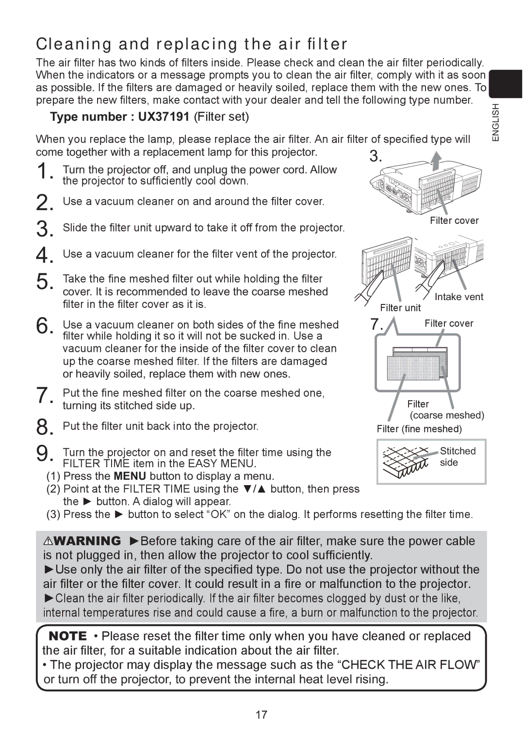 Hitachi ED-A220N user manual Cleaning and replacing the air ﬁlter, Come together with a replacement lamp for this projector 