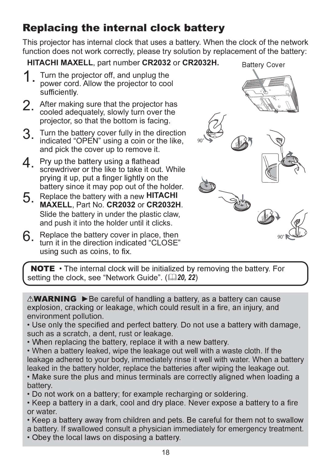 Hitachi ED-A220N user manual Replacing the internal clock battery, Hitachi MAXELL, part number CR2032 or CR2032H 