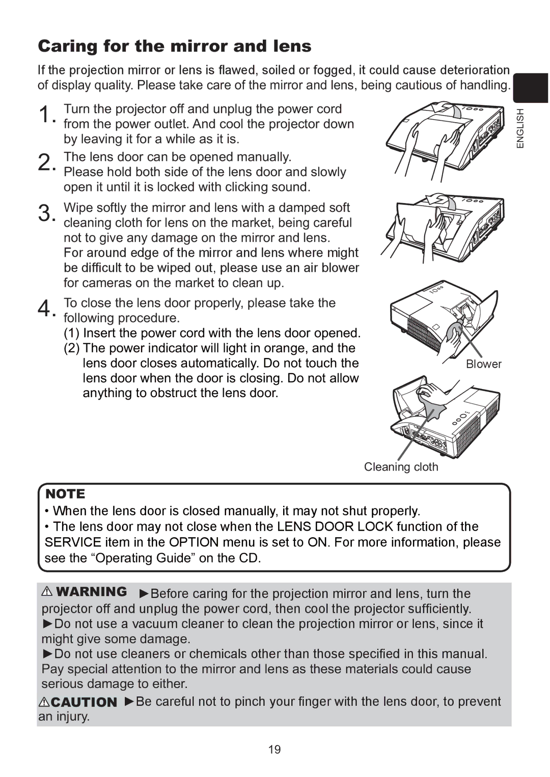 Hitachi ED-A220N user manual Caring for the mirror and lens 