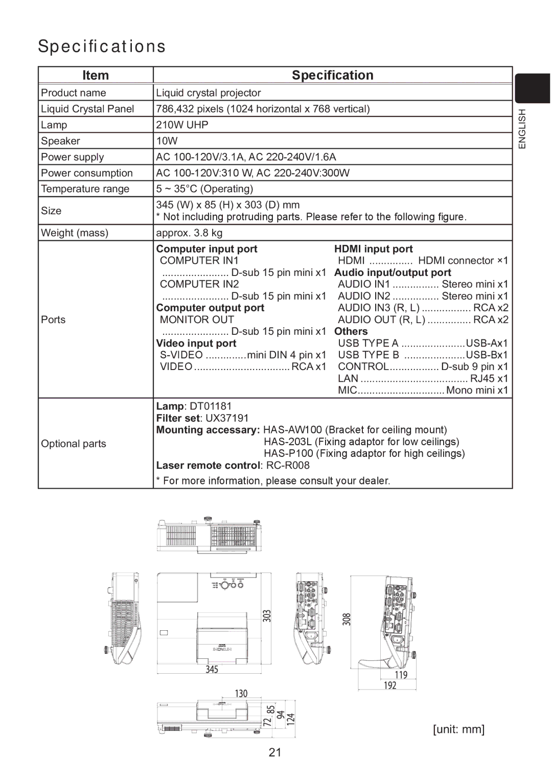 Hitachi ED-A220N user manual Speciﬁcations 