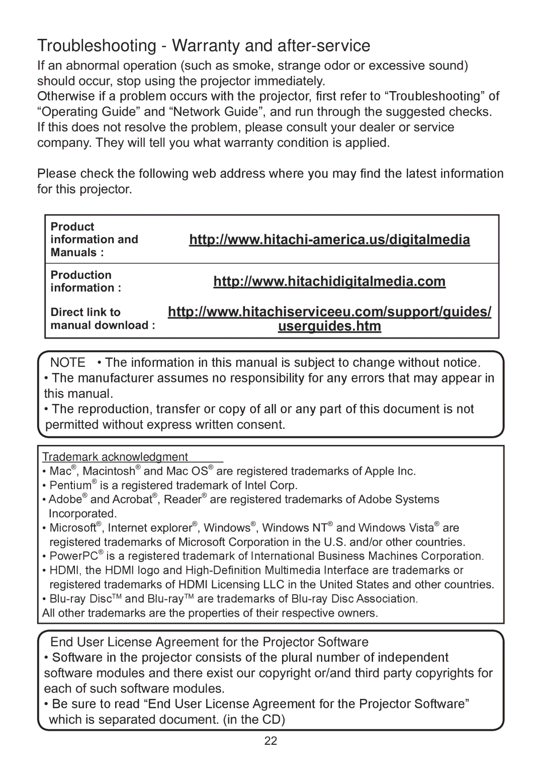 Hitachi ED-A220N user manual Troubleshooting Warranty and after-service, Userguides.htm 