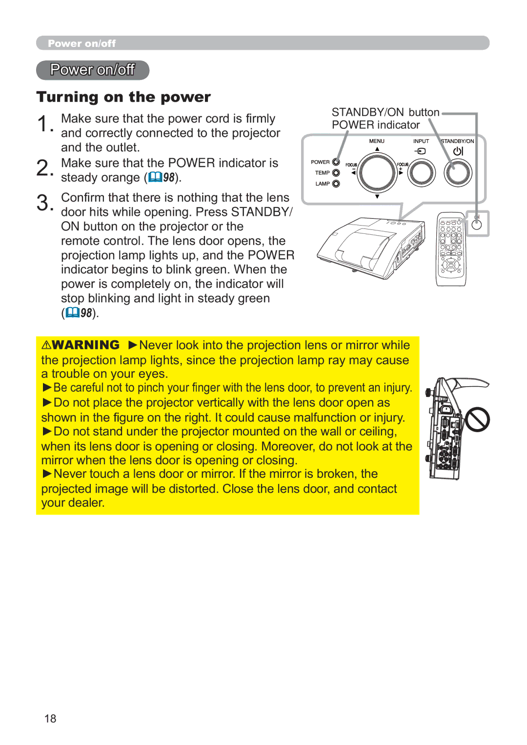 Hitachi ED-A220N user manual Power on/off, Turning on the power, STANDBY/ON button Power indicator 