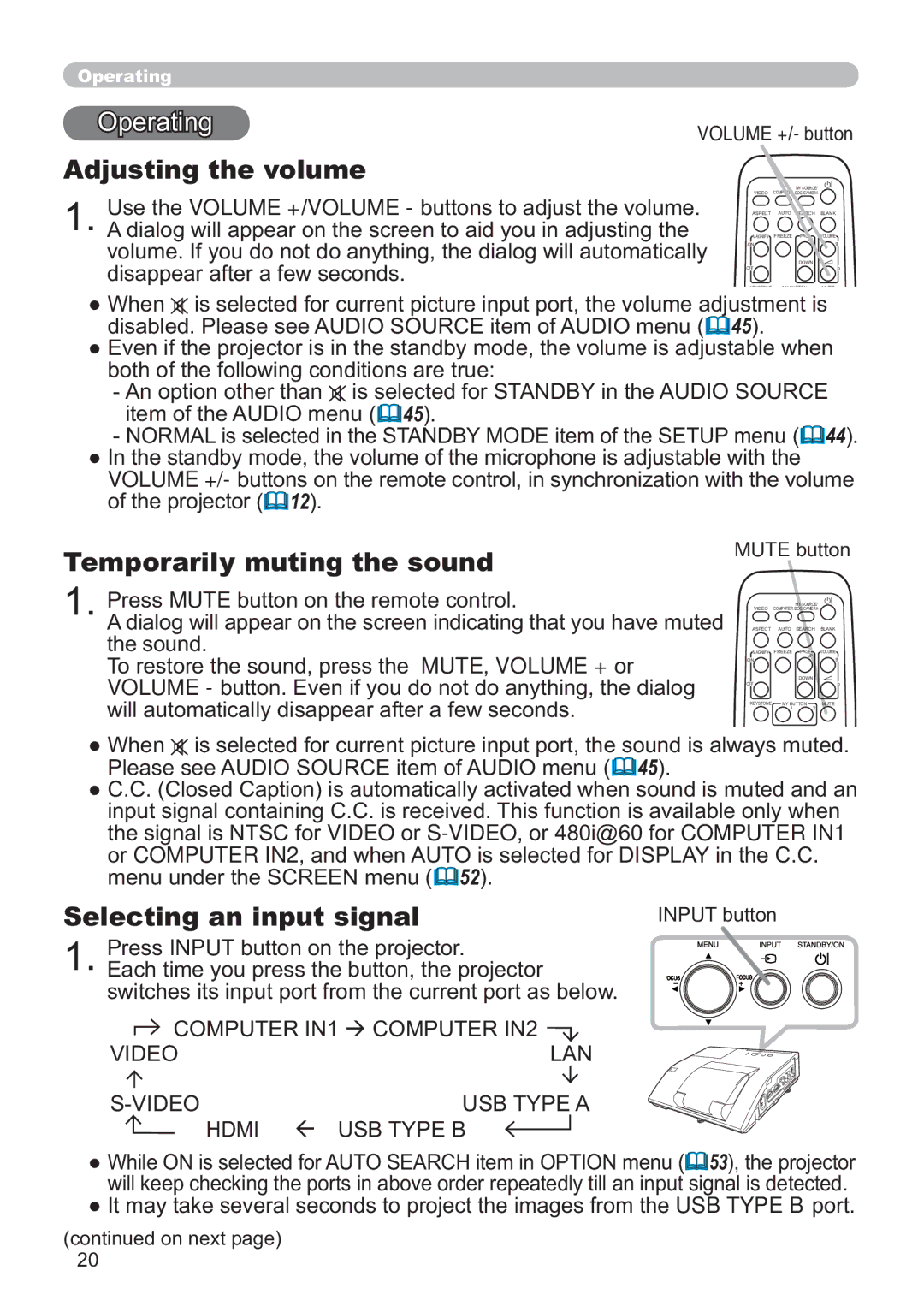 Hitachi ED-A220N user manual Operating, Adjusting the volume, Temporarily muting the sound, Selecting an input signal 