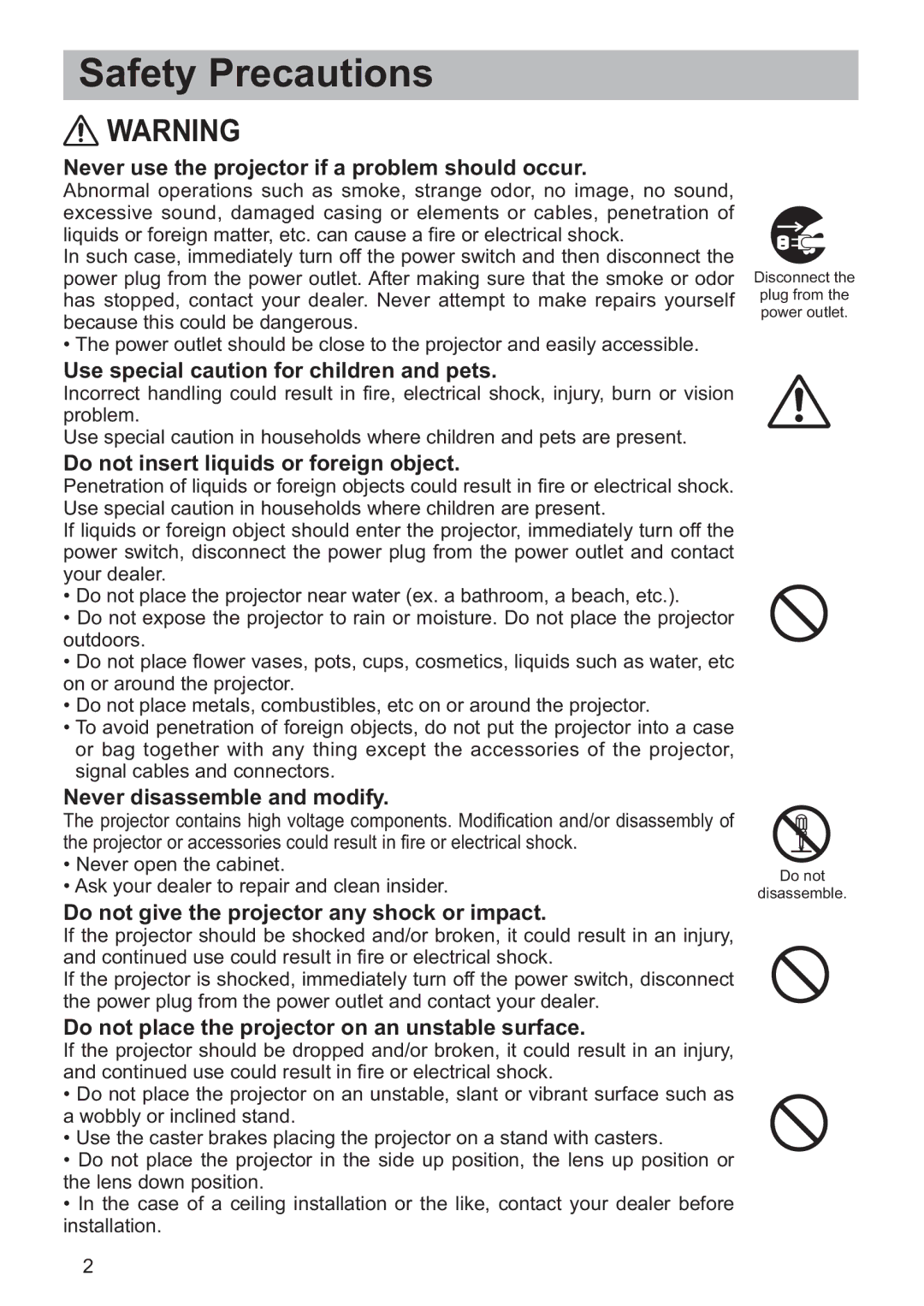 Hitachi ED-A220N user manual Never use the projector if a problem should occur, Use special caution for children and pets 