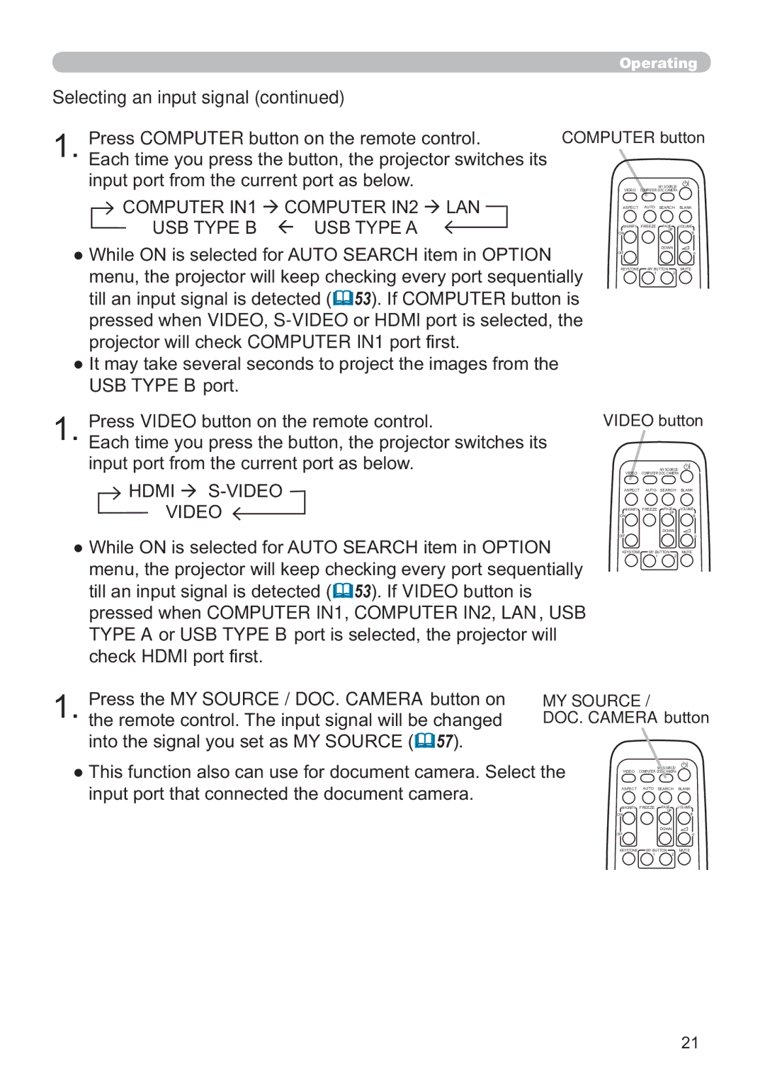 Hitachi ED-A220N user manual Selecting an input signal, Press the MY Source / DOC. Camera button on 