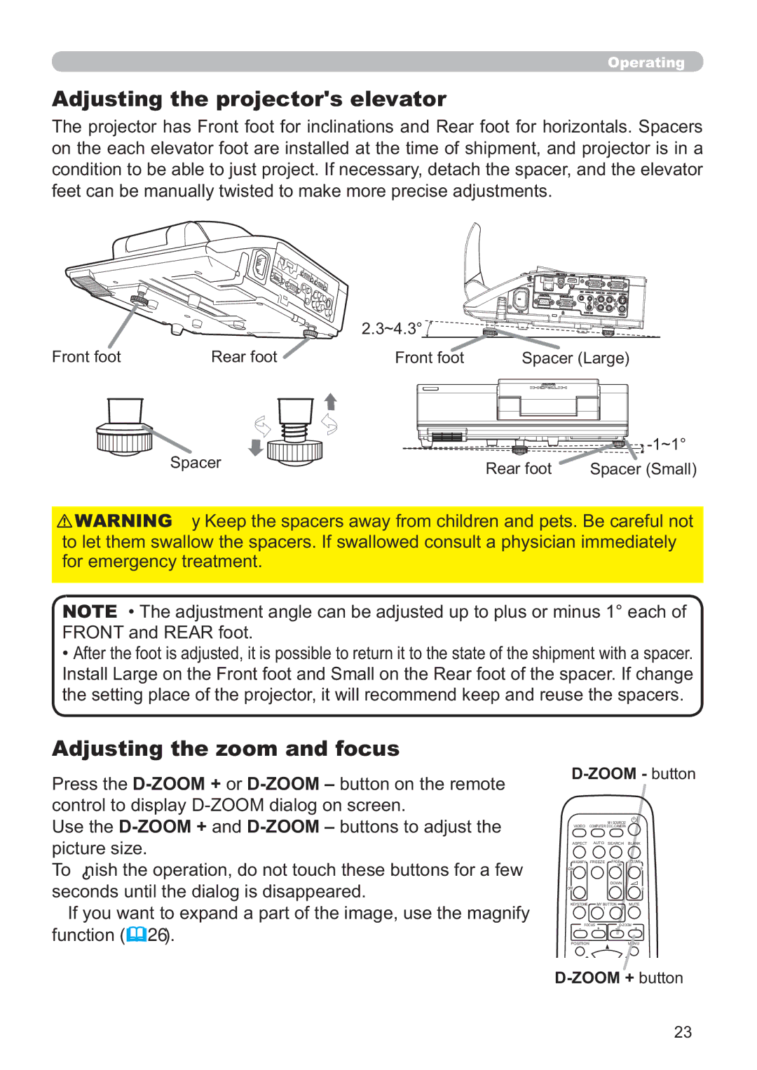 Hitachi ED-A220N user manual Adjusting the projectors elevator, Adjusting the zoom and focus, Zoom button, Zoom + button 